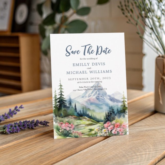 Dusty Blue Floral Spring Mountains Wedding Save The Date (Creator Uploaded)