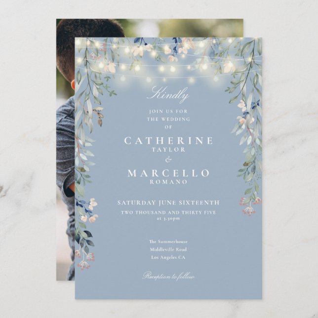 Dusty Blue Floral String Lights Photo Wedding Invitation (Front/Back)