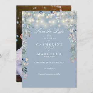 Dusty Blue Floral String Lights Photo Wedding Save The Date