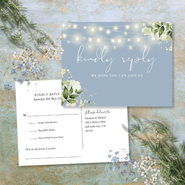 Dusty Blue Floral String Lights Song Request RSVP Invitation Postcard (Dusty Blue Floral String Lights Song Request RSVP Invitation Postcard)