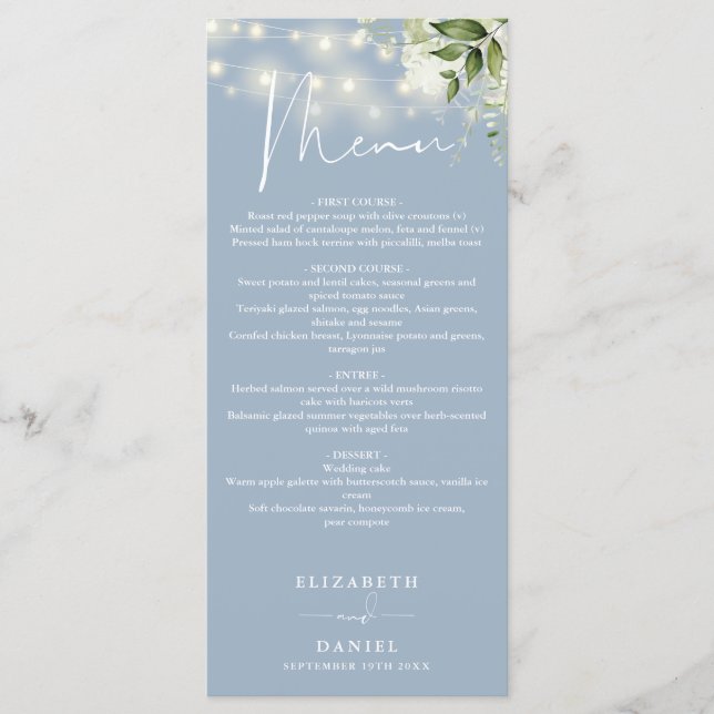 Dusty Blue Floral String Lights Wedding Dinner Menu (Front)