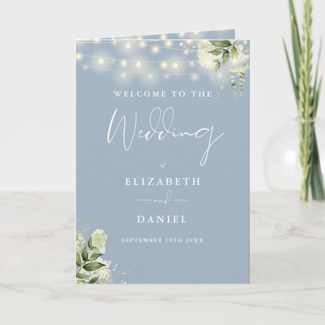 Dusty Blue Floral String Lights Wedding  Program (Front)