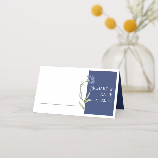 Dusty blue floral Stylish QR code Wedding Place Card (Back)