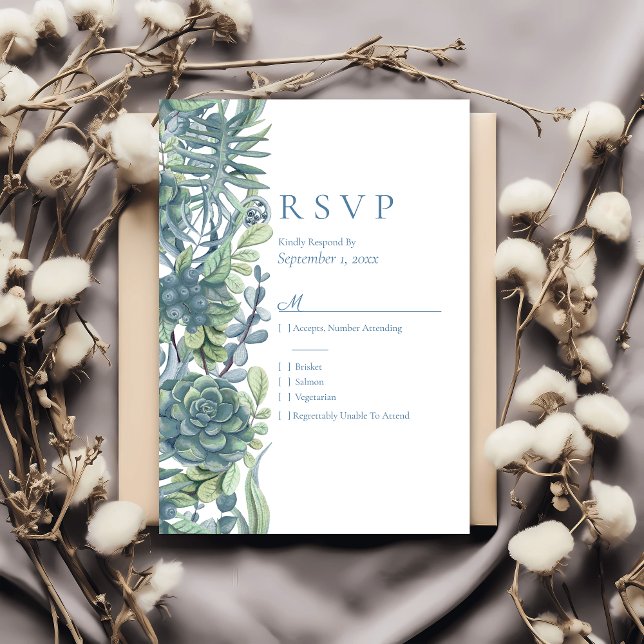 Dusty Blue Floral Succulents RSVP Wedding Card (Creator Uploaded)