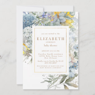 Dusty Blue Floral Sunflower Baby Shower Invitation