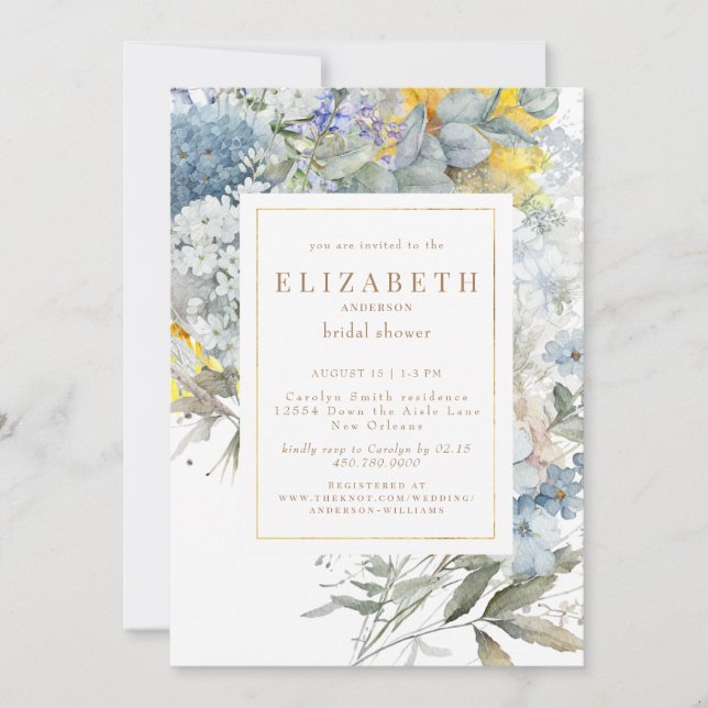 Dusty Blue Floral Sunflower Bridal Shower  Invitation (Front)