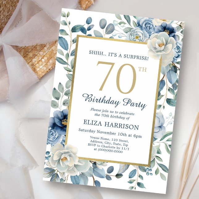 Dusty Blue Floral Surprise 70th Birthday  Invitation (Creator Uploaded)