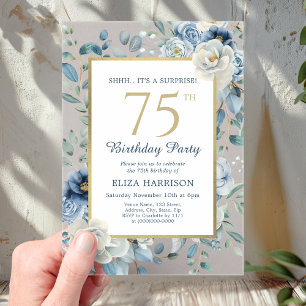 Dusty Blue Floral Surprise 75th Birthday  Acrylic Invitations