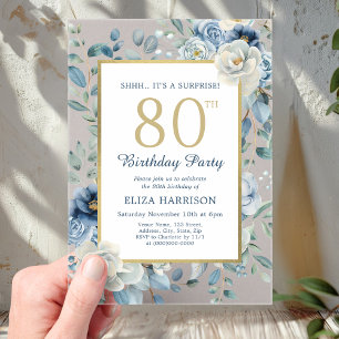 Dusty Blue Floral Surprise 80th Birthday  Acrylic Invitations
