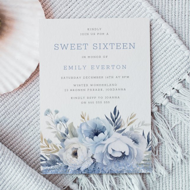 Dusty Blue Floral Sweet 16 Sixteen Party Invitation (Creator Uploaded)