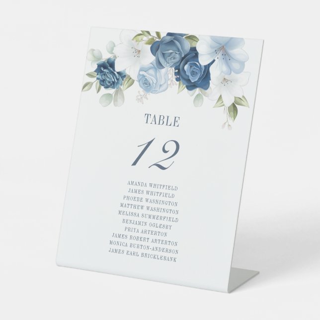 Dusty Blue Floral Table Number 12 Seating Pedestal Sign (Front)