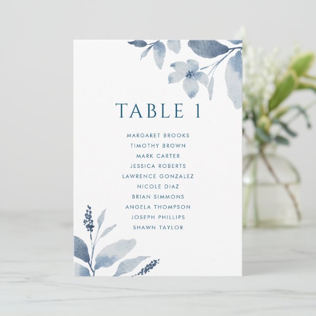 Dusty Blue Floral Table Number Seating Card (Standing Front)