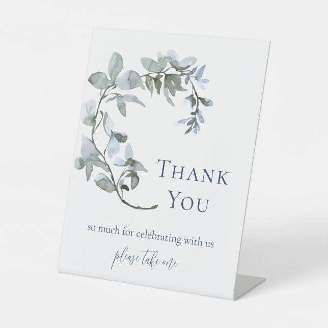 Dusty Blue Floral Thank You Bridal Shower Favour Pedestal Sign (Front)