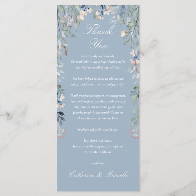 Dusty Blue Floral Thank You Wedding Place Card (Front)