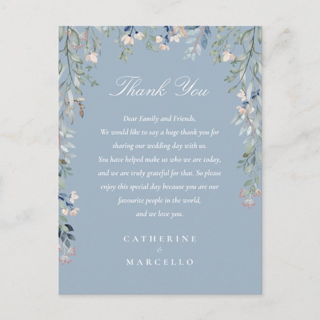 Dusty Blue Floral Thank You Wedding Place Card (Front)