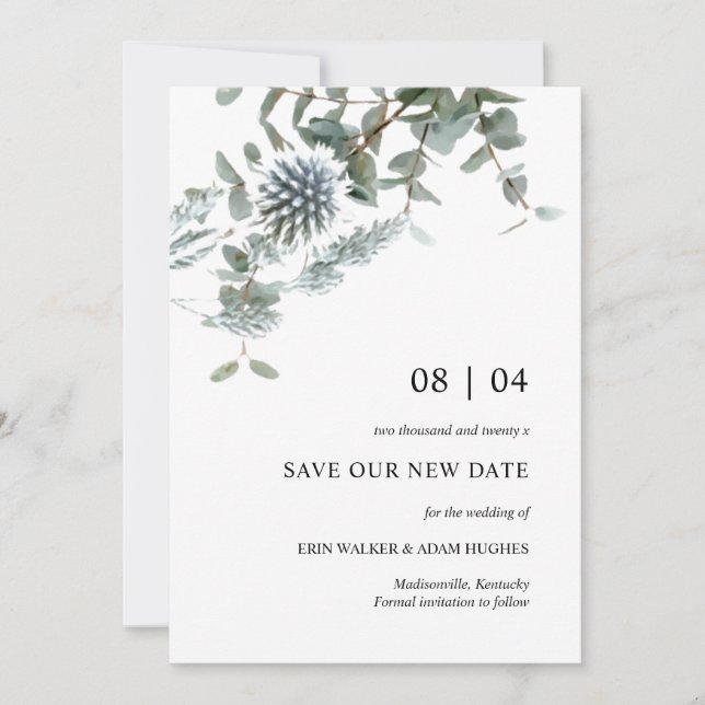 Dusty Blue Floral Thistle Wedding Postponement Save The Date (Front)