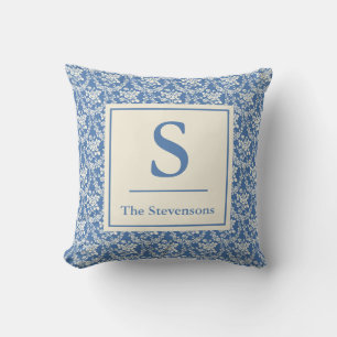 Dusty Blue Floral Toile Family Name Monogram Cushion