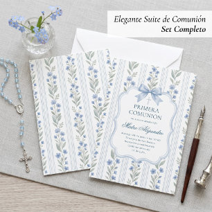 Dusty Blue Floral Toile Spanish Primera Comunion Invitation