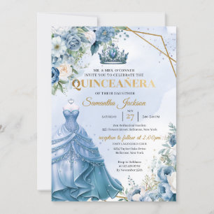 Dusty blue floral Twin Princess Dress Quinceañera Invitation