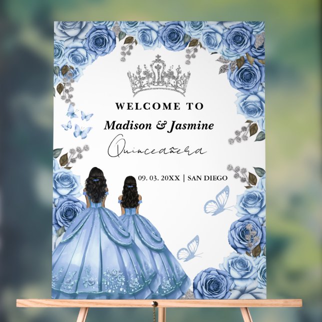 Dusty Blue Floral Twin Quinceañera Welcome Sign (Neutral)