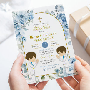 Dusty Blue Floral Twins Boy Praying Holy Communion Invitation