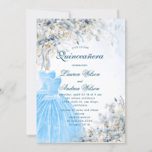dusty blue floral twins Quinceañera Invitation