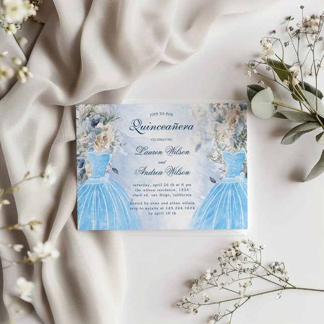 Dusty Blue Floral Twins Quinceañera Invitation (Creator Uploaded)
