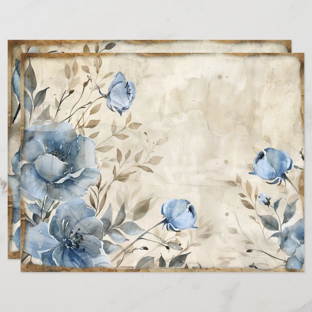 Dusty Blue Floral Vintage Scrapbook Paper (Front/Back)