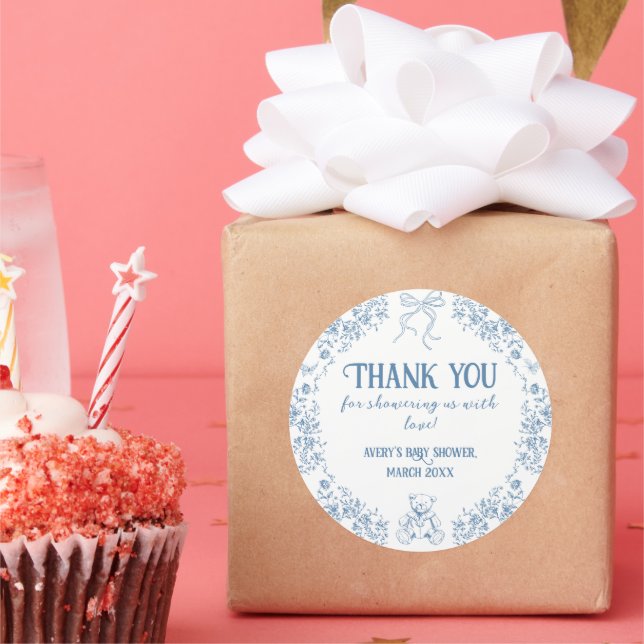 Dusty Blue Floral Vintage Teddy Bear Baby Shower Classic Round Sticker (Party)