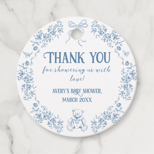 Dusty Blue Floral Vintage Teddy Bear Baby Shower Favour Tags (Front)