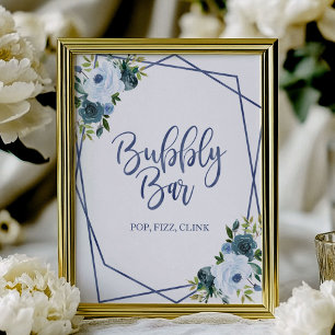 Dusty Blue Floral Watercolor Bubbly Bar Sign