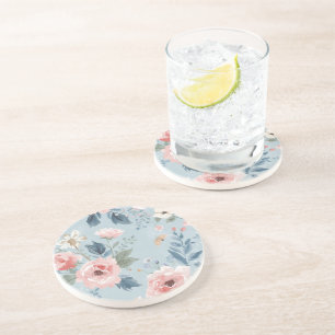 Dusty Blue Floral Watercolor Garden Pink Blooms Coaster