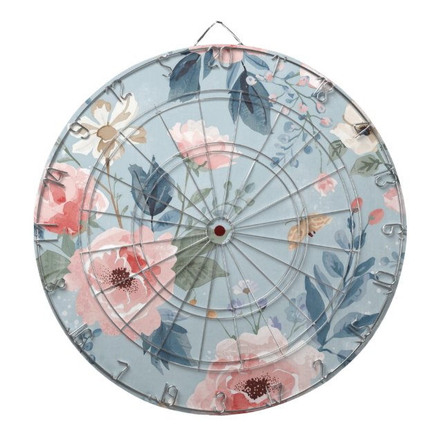 Dusty Blue Floral Watercolor Garden Pink Blooms Dartboard (Front)