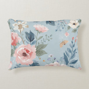 Dusty Blue Floral Watercolor Garden Pink Blooms Decorative Cushion