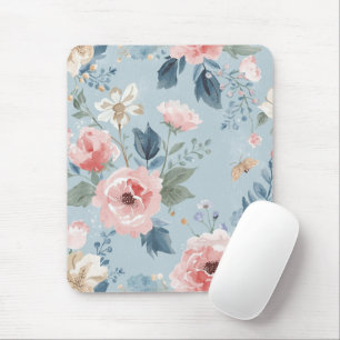 Dusty Blue Floral Watercolor Garden Pink Blooms Mouse Pad