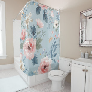 Dusty Blue Floral Watercolor Garden Pink Blooms Shower Curtain