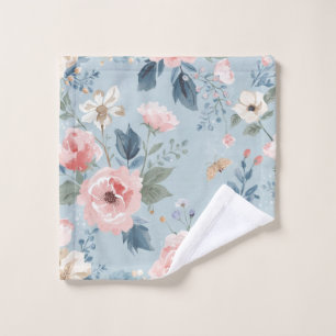Dusty Blue Floral Watercolor Garden Pink Blooms Wash Cloth
