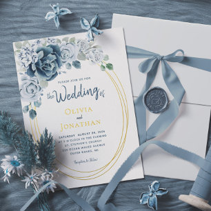 Dusty Blue Floral Watercolor Gold Foil Wedding