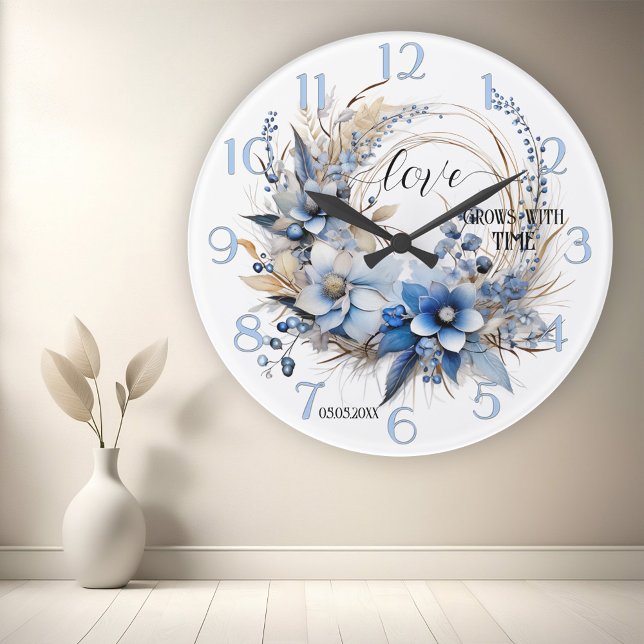 Dusty Blue Floral Watercolor Love Round Clock (Wall clock showing a watercolor illustration of flowers in dusty blue and tan - wedding gift - love)