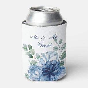 Dusty Blue Floral Watercolor Monogram Wedding Can Cooler