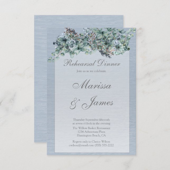 Dusty Blue Floral  Watercolor Rehearsal Dinner Invitation (Front/Back)