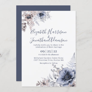 Dusty Blue Floral Watercolor  Slate Blue Wedding Invitation