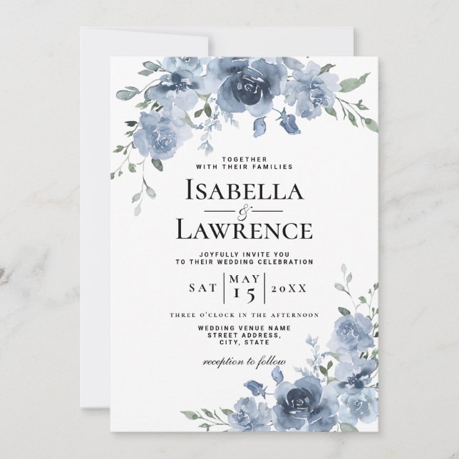Dusty Blue Floral Watercolor Wedding Invitation (Front)