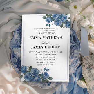 Dusty Blue Floral Watercolor Wedding Invitation