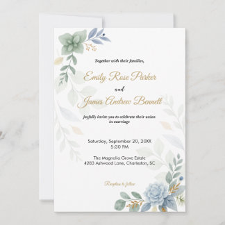 Dusty Blue Floral Watercolor Wedding Invitation
