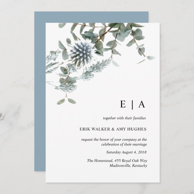 Dusty blue floral watercolor wedding invitation (Front/Back)