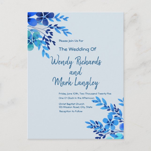  Dusty Blue Floral Watercolor Wedding Postcard (Front)