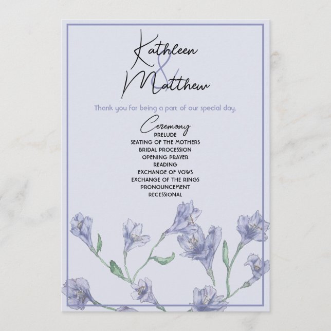 Dusty Blue Floral Watercolor Wedding Program (Front)