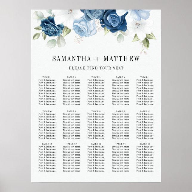 Dusty Blue Floral Watercolor Wedding Seating Chart (Front)