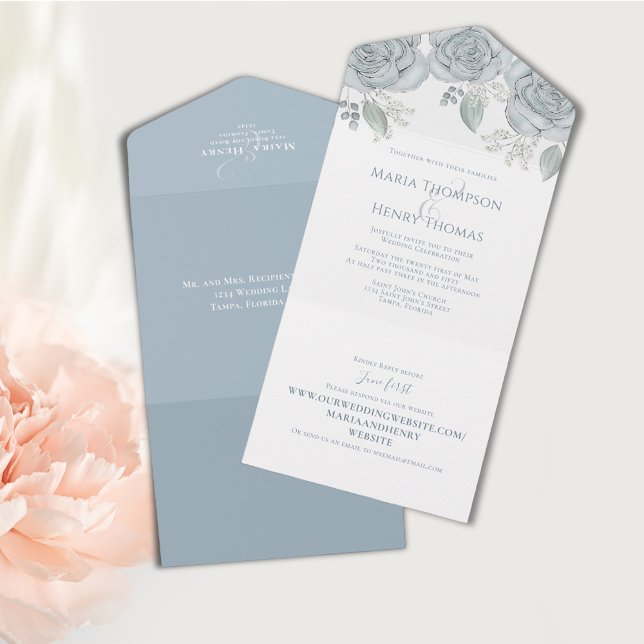 Dusty Blue Floral Wedding All in One Invitation (Watercolor blue floral all in one wedding invitation. )